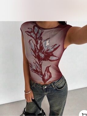 SHEIN Burgundy Floral Mesh Tank Top